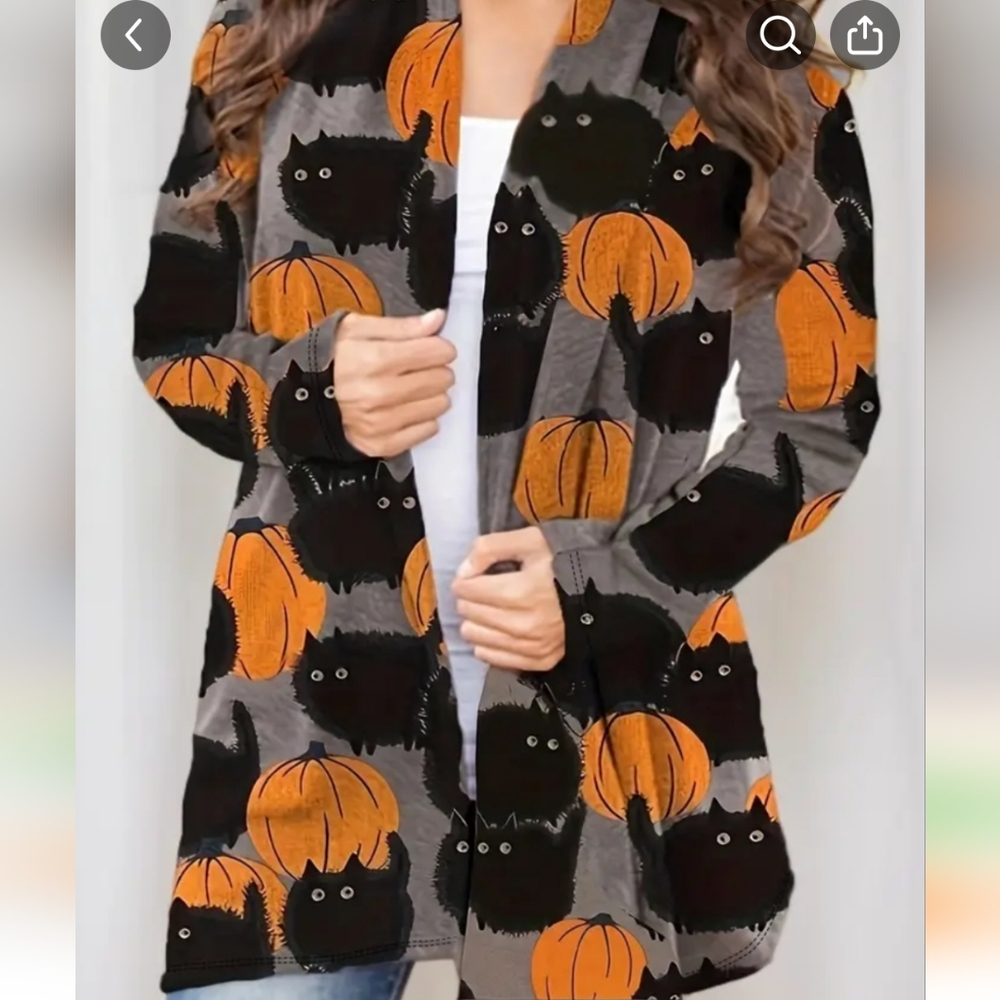 Halloween Black Cat & Pumpkin Open Front Cardigan Sweater Size 2X
